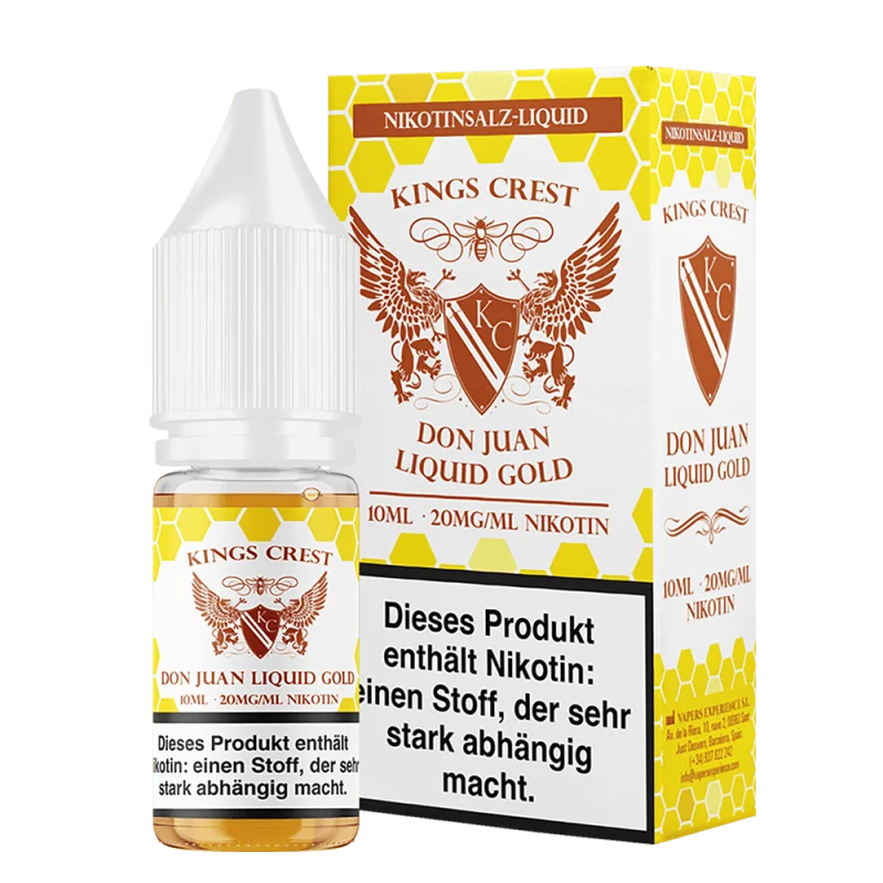 Kings Crest Don Juan Liquid Gold Nikotinsalz-Liquid 10ml – goldgelbe Verpackung mit Adler-Logo, Flasche und Umkarton