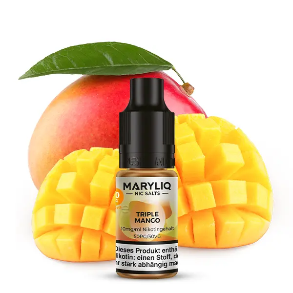 Maryliq Triple Mango 10ml Nikotinsalz-Liquid von Elfbar – Flasche vor Mangohälften, 10mg Variante
