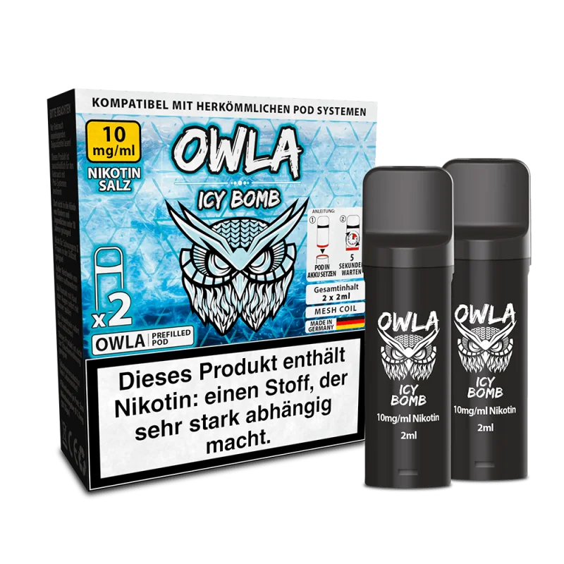 Owla Icy Bomb Prefilled Pod 2er-Pack, hellblaue Verpackung mit 10 mg Nikotinsalz, zwei weiß-schwarze Pods