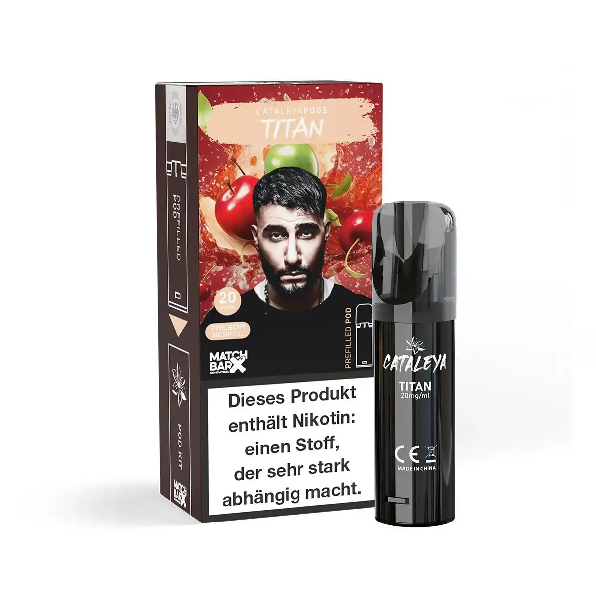 Cataleya Prefilled Pod Titan – Verpackung mit Gesicht und rotem Frucht-Motiv, 1 schwarzer Pod
