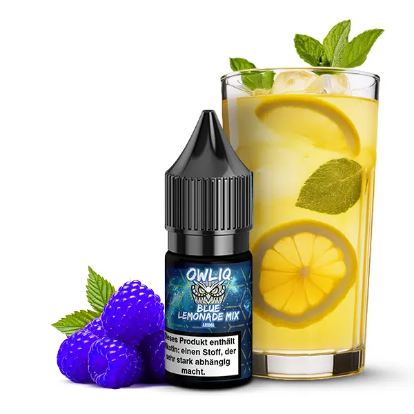 owlliq-blue-lemonade-mix-nikotinsalz-1.jpg Owliq Blue Lemonade Mix Nikotinsalz-Liquid 10ml mit Limonadenglas, Zitronen und blauen Beeren