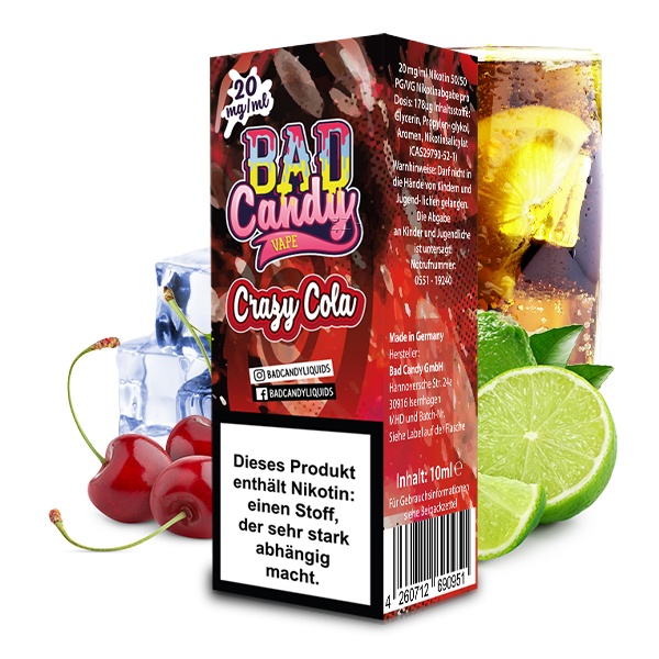Bad Candy Crazy Cola 10ml Nikotinsalz-Liquid, Faltschachtel-Verpackung mit Kirsch-Cola-Motiv, Limette und Eiswürfel