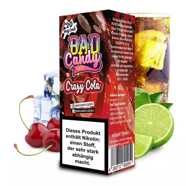 Bad Candy Crazy Cola 10ml Nikotinsalz-Liquid, Faltschachtel-Verpackung mit Kirsch-Cola-Motiv, Limette und Eiswürfel