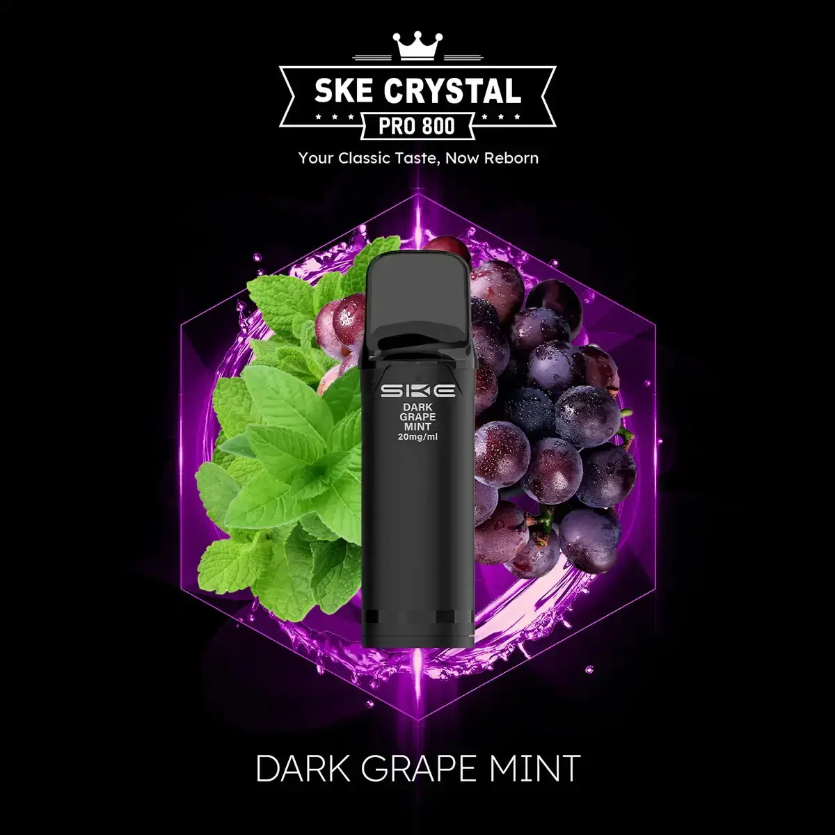 SKE Crystal 800 Pro Prefilled Pod Dark Grape Mint – schwarzer Pod vor Weintrauben und Minzblättern