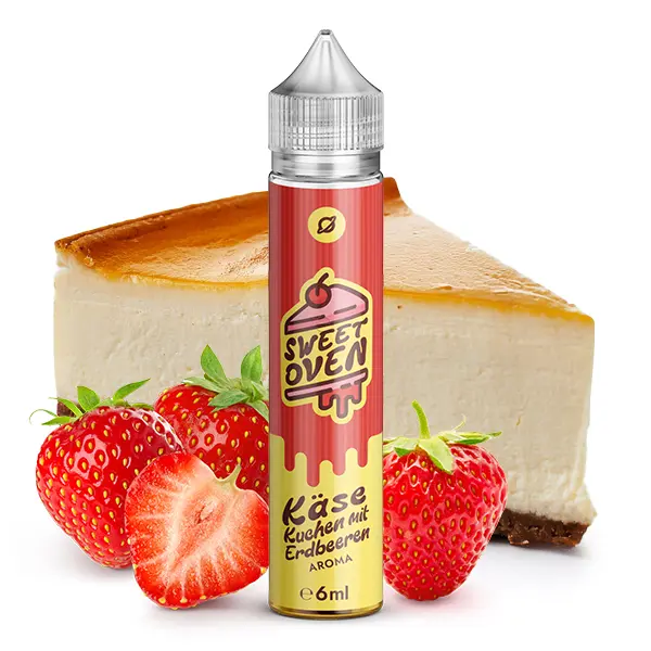 Flavorverse Sweet Oven Käsekuchen mit Erdbeeren Longfill 60 ml, rot-weiße Flasche vor Käsekuchen und Erdbeeren