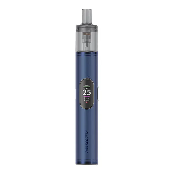 Innokin Plexus Pro Pod Kit in Dunkelblau mit rundem Display und aufgestecktem Tank, Seitenansicht
