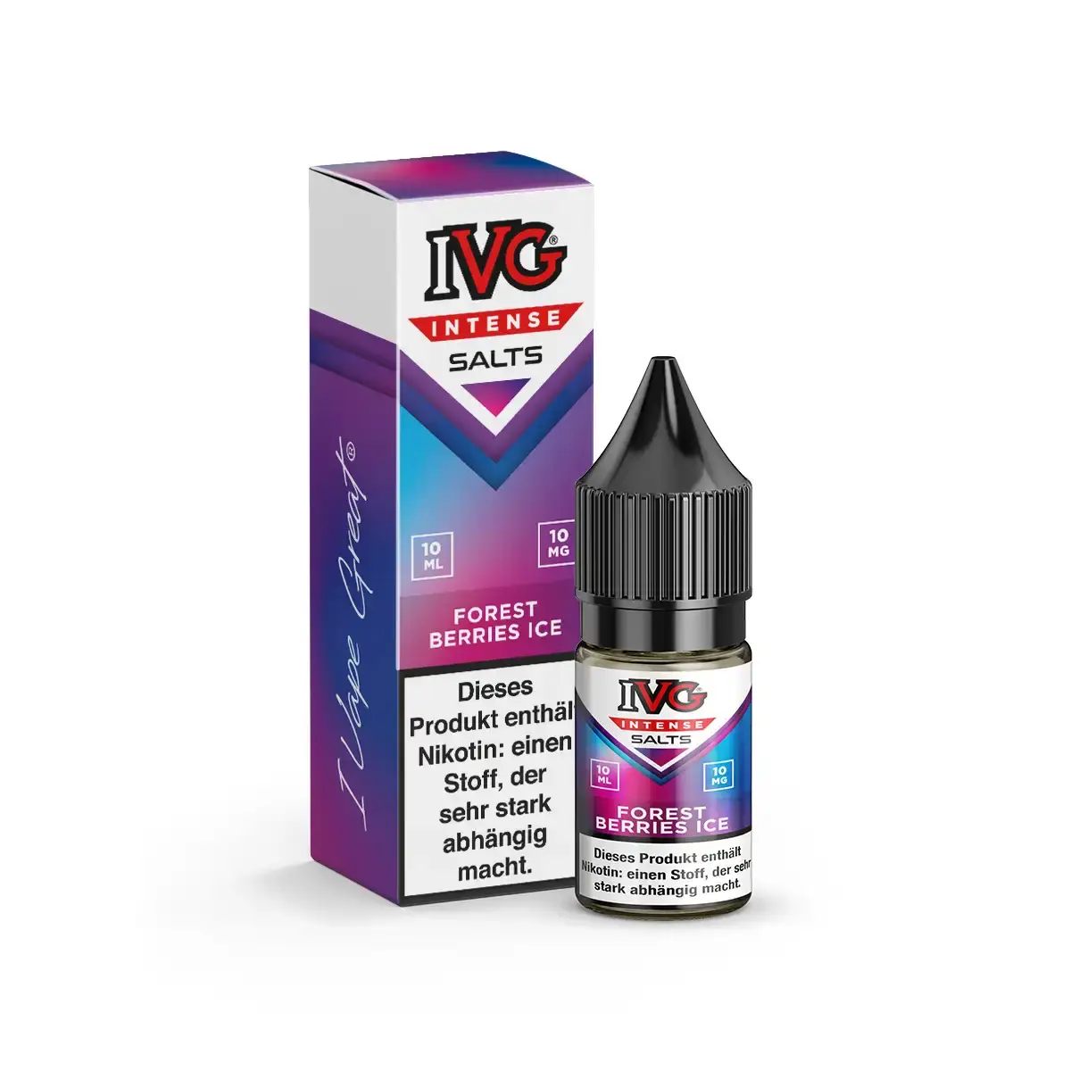 IVG Intense Salts Forest Berries Ice 10ml Nikotinsalz-Liquid – lila-violette Verpackung mit Flasche, Vorderansicht