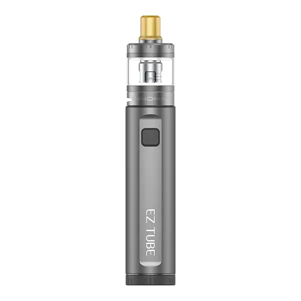 Innokin EZ Tube Kit in Grau als Pen-Mod mit Glastank und goldenem Drip Tip, Frontansicht
