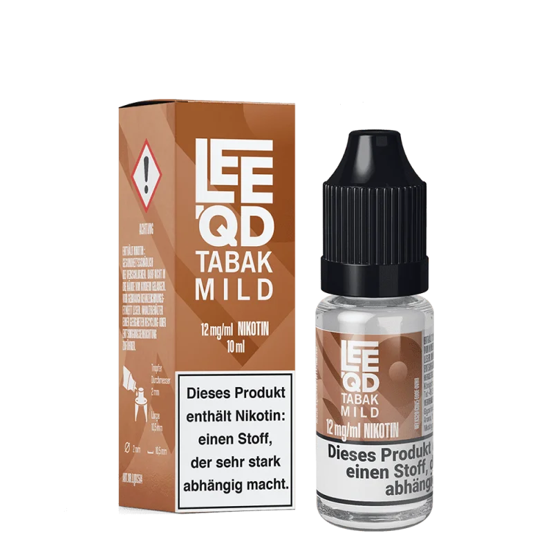LEEQD Tabak Mild 10ml Liquid – Flasche neben brauner Verpackung, Frontansicht