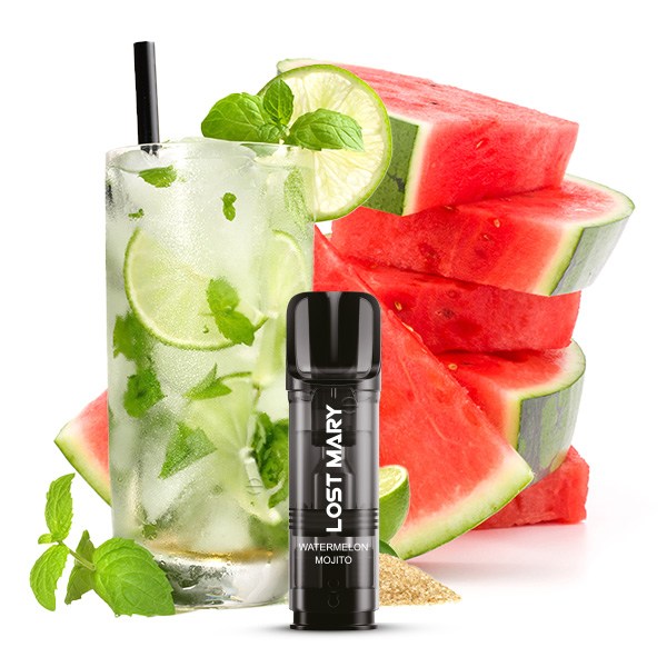 Elfbar Lost Mary TAPPO Prefilled Pod Watermelon Mojito – schwarzer Pod vor Wassermelone und Mojito-Glas