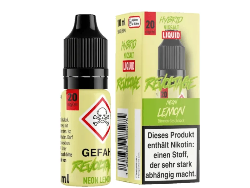 Revoltage Neon Lemon Hybrid-Nikotinsalz-Liquid 10ml Flasche und Verpackungsschachtel grün