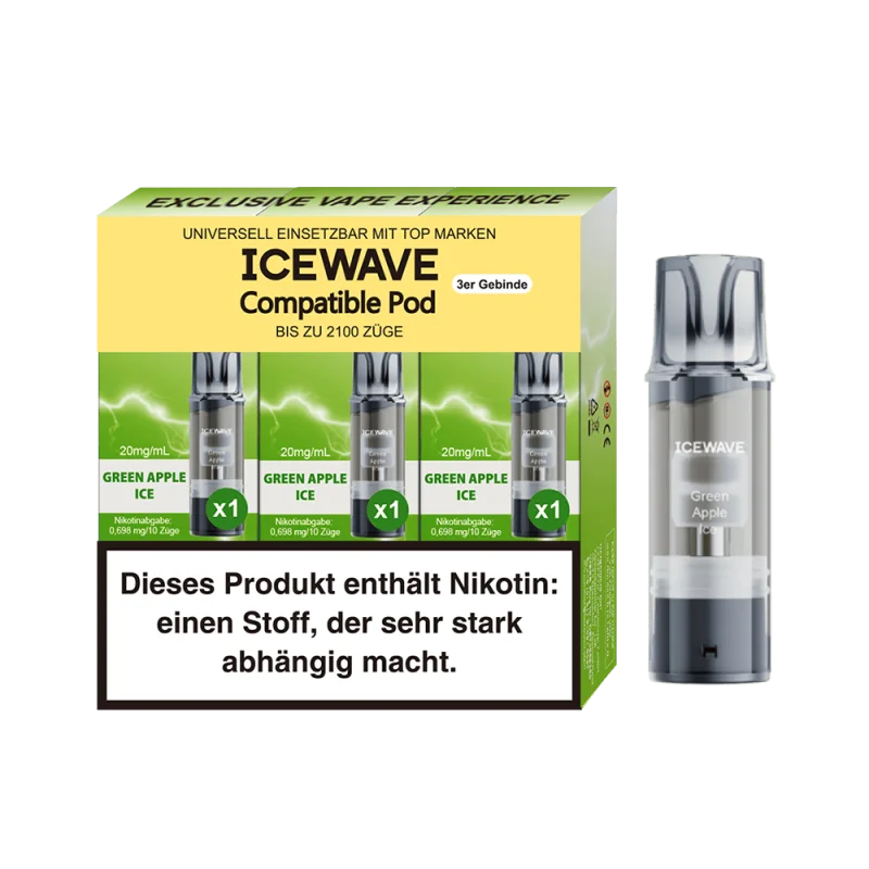 3er-Pack Icewave Compatible Pod Green Apple Ice in grün-gelber Verpackung mit einzelnem Pod seitlich