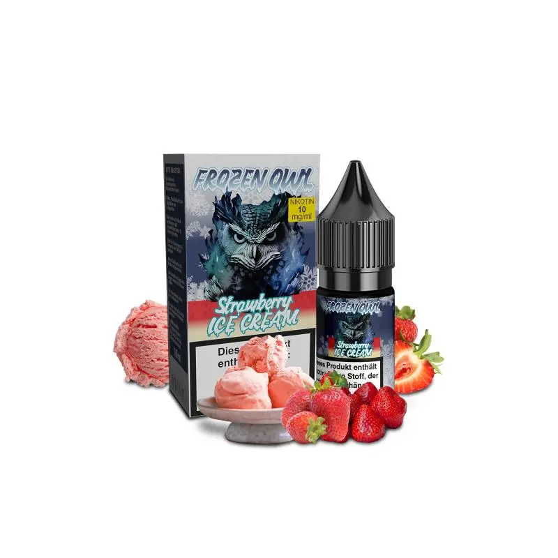 OWL Frozen Strawberry Ice Cream 10ml Nikotinsalz-Liquid Flasche neben Verpackungsbox mit Erdbeeren
