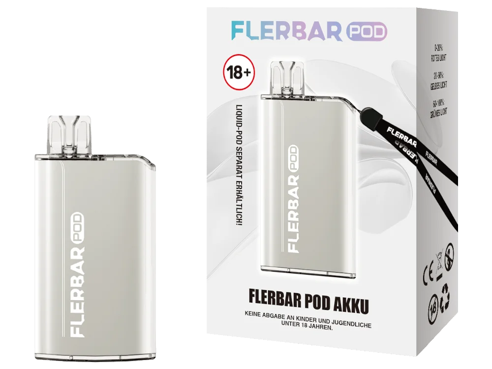 flerbar-pod-akku-grau-1000x750.png Flerbar Basisgerät in Silber-Weiß mit passender Verpackungsbox, kompaktes Pod-System mit Lanyard