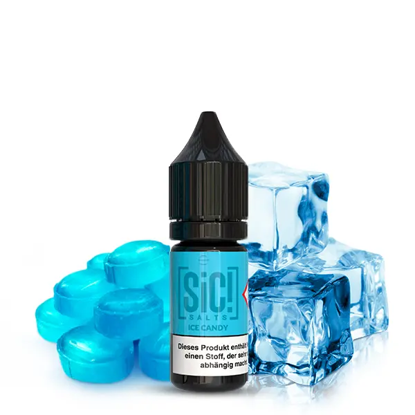 sic-ice-candy-nikotinsalz-1.jpg SiC! Salts Ice Candy 10ml Nikotinsalz-Liquid – Flasche mit blauem Etikett, blaue Bonbons und Eiswürfel