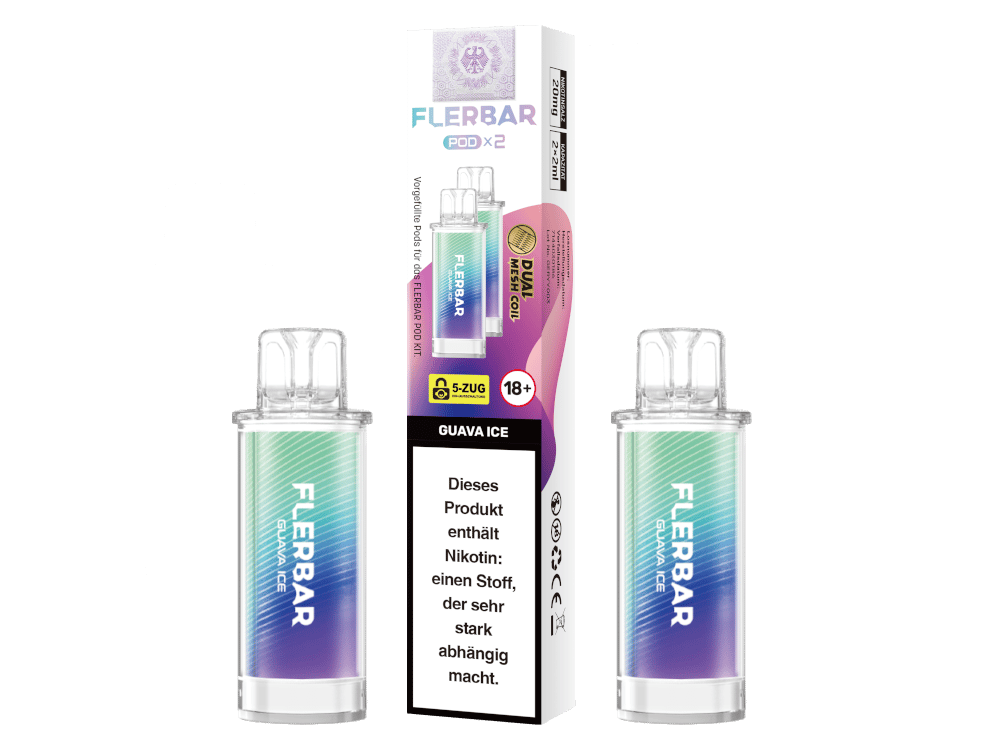 Flerbar Prefilled Pod Guave Ice – 2er-Pack in blau-rosa Verpackung mit zwei transparenten Pods