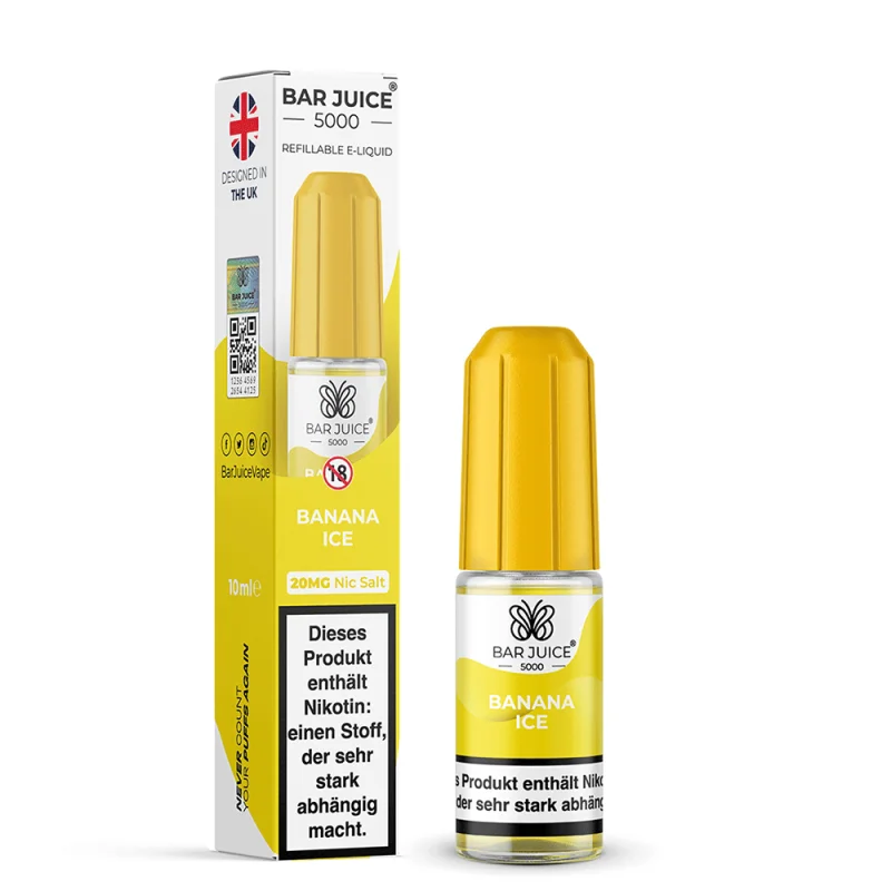 BAJ201_800x800.png?ts=1763984420 Bar Juice 5000 Banana Ice 10ml Nikotinsalz-Liquid – gelbe Flasche mit Verpackung, Frontansicht