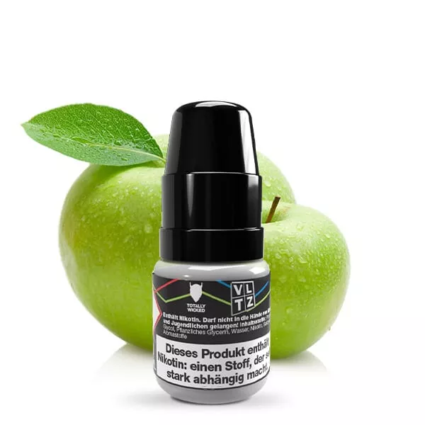 source346677.jpg Totally Wicked VLTZ Saurer Apfel Nikotinsalz-Liquid – 10ml Flasche vor grünem Apfel-Hintergrund