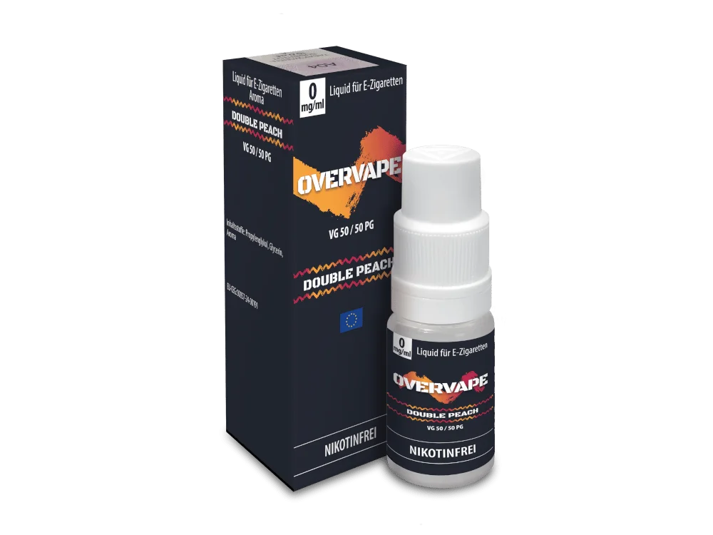 Overvape Double Peach 10ml Nikotinsalz-Liquid – weiße Flasche mit schwarzer Schachtel und orangem Logo, Frontansicht
