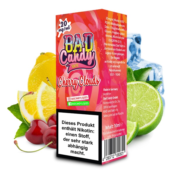 Bad Candy Cherry Clouds 10ml Nikotinsalz-Liquid, rote Verpackung mit Kirschen und Zitrusfrüchten
