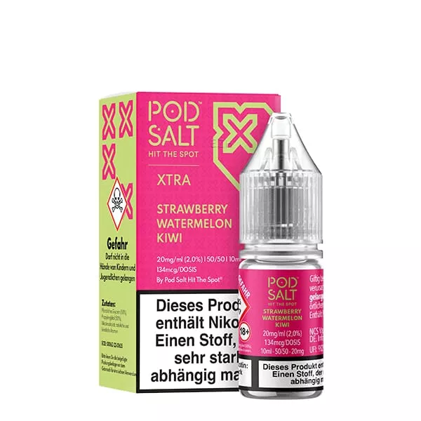 source464232.jpg PodSalt Xtra Strawberry Watermelon Kiwi 10ml Nikotinsalz-Liquid, pinke Verpackungsrückseite