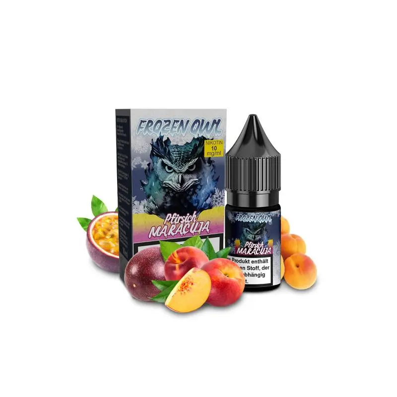 OWL Frozen Pfirsich Maracuja 10ml Nikotinsalz-Liquid Flasche mit Schachtel und frischen Früchten