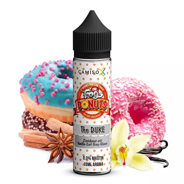 Dr. Fog Donuts The Duke Longfill 60ml Flasche mit bunten Donuts und Gewürzmotiv
