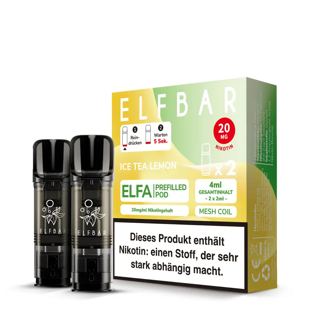 Elfbar Elfa Prefilled Pod Ice Tea Lemon 2er-Pack, grün-gelbe Verpackungsbox mit zwei schwarzen Pods