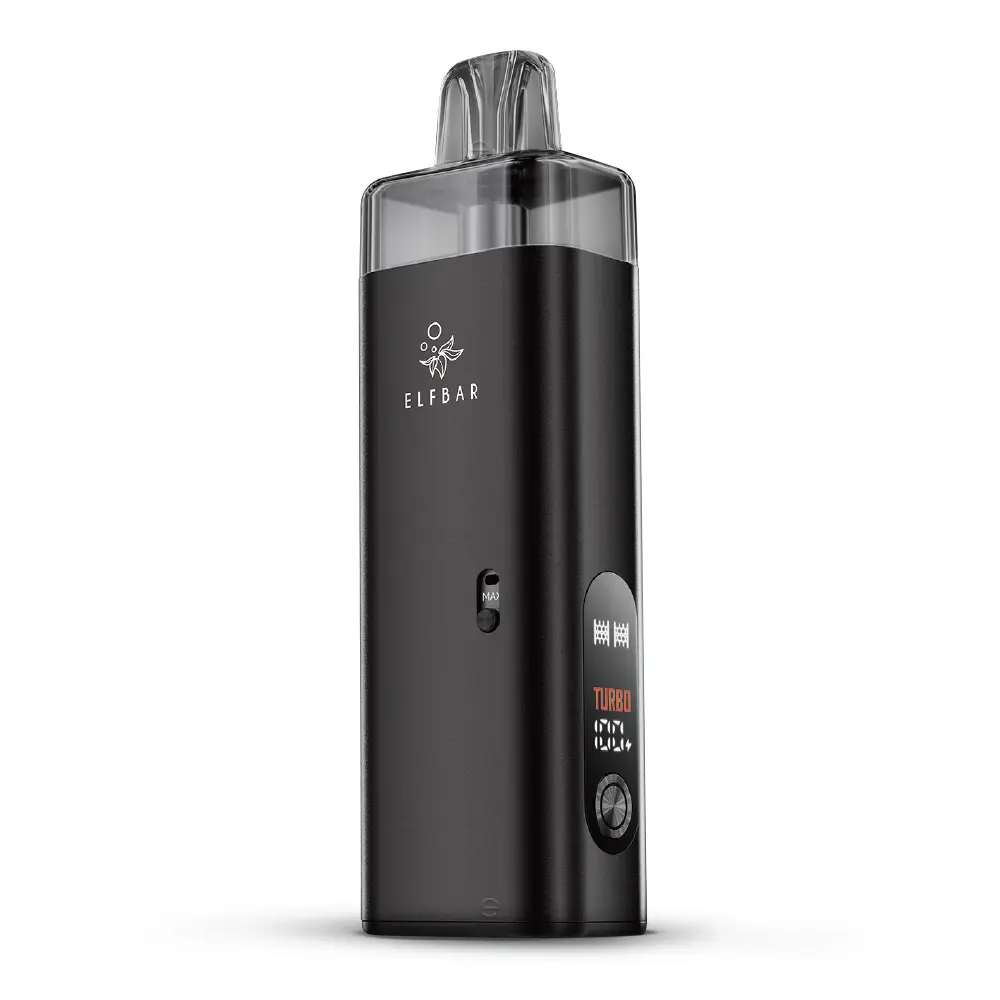 Elfbar ELFX Mega Kit Pod-System in Schwarz mit transparentem Pod und Display, Frontansicht