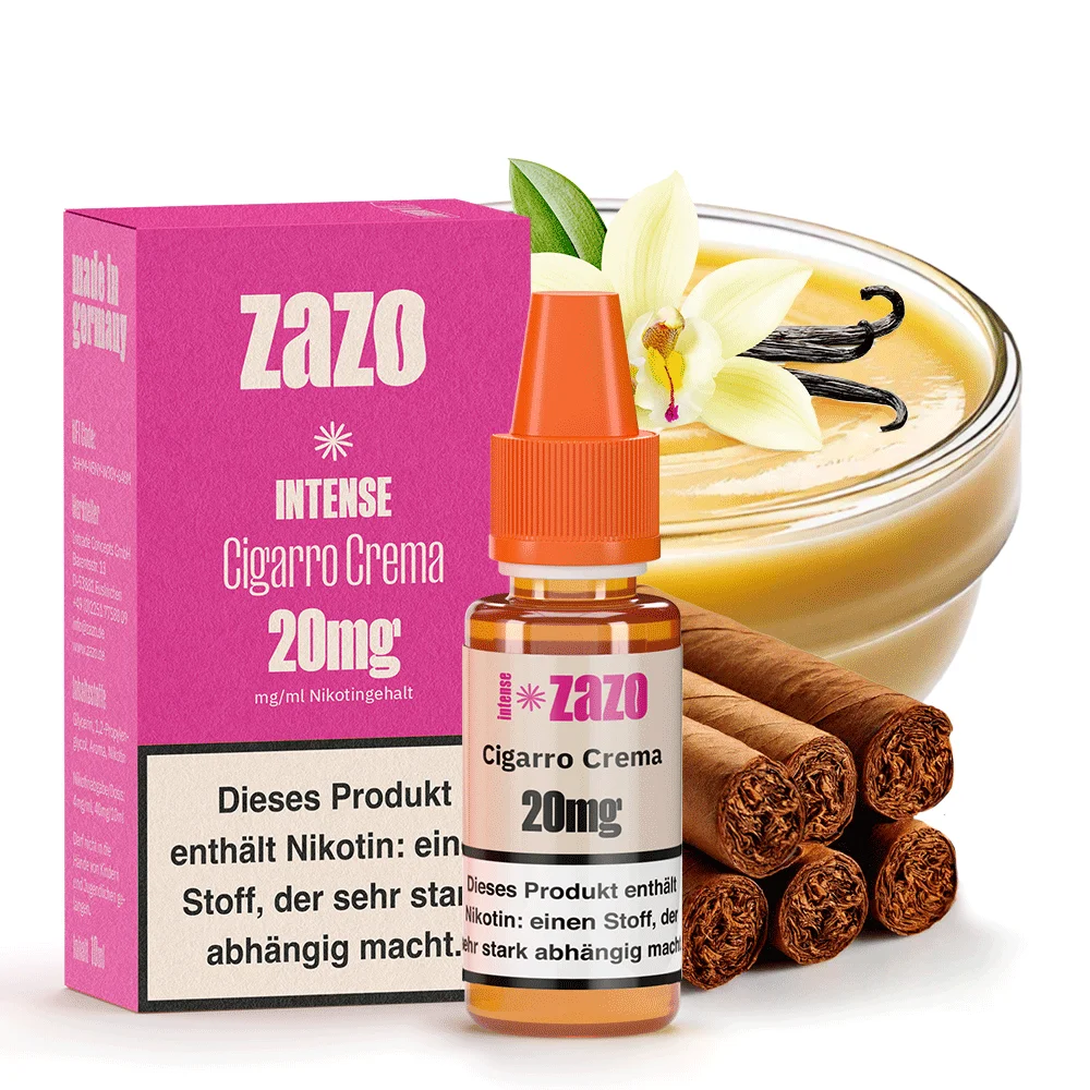 zazo-intense-cigarro-crema-1.png ZAZO Intense Cigarro Crema 20mg Nikotinsalz-Liquid rosa Faltschachtel und Flasche mit Zimt-Cremespeise-Motiv