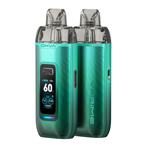 oxva-vprime-pod-kit-14.jpg Oxva VPrime Pod Kit in Grün mit Carbon-Optik, zwei Ansichten mit Farbdisplay und aufgestecktem Pod