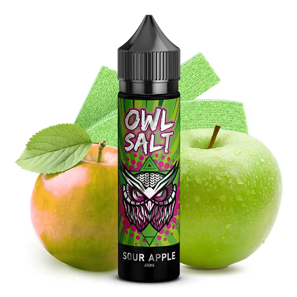 OWL Salt Sour Apple Longfill 60ml Flasche mit grünen Äpfeln und Eule-Design auf hellgrünem Hintergrund