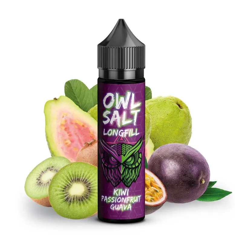 OWL Salt Kiwi Passionfruit Guava Longfill 60ml, violett-grüne Flasche mit tropischen Früchten