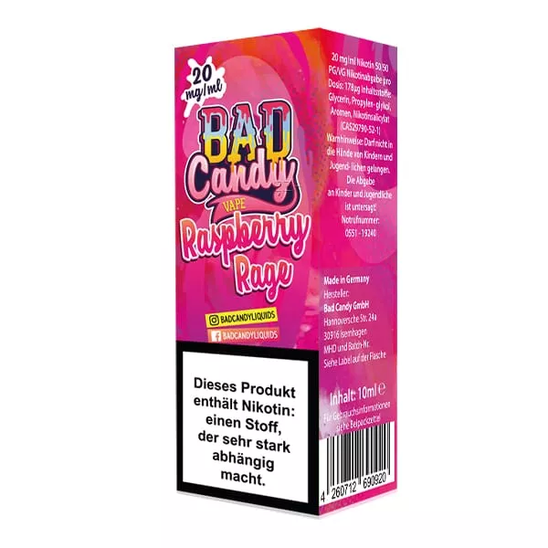 Bad Candy Raspberry Rage 10ml Nikotinsalz-Liquid in pinkfarbener Flasche mit Himbeer-Design