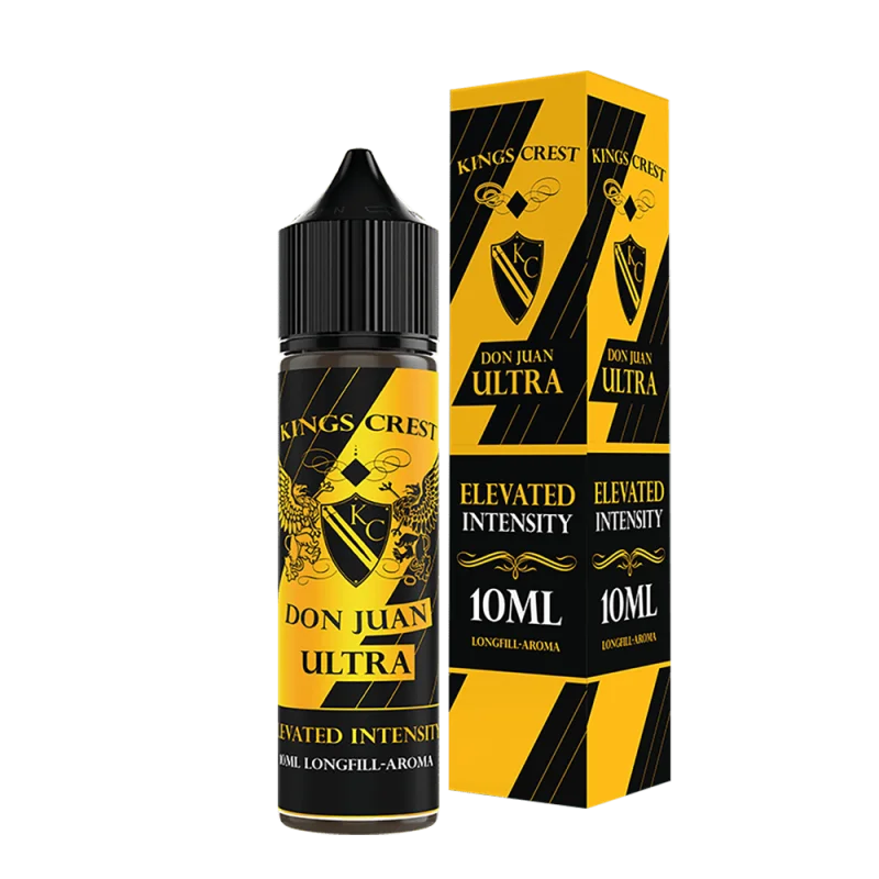 Kings Crest Don Juan Ultra Longfill 10ml in schwarzer Flasche mit schwarz-gelber Verpackungsbox