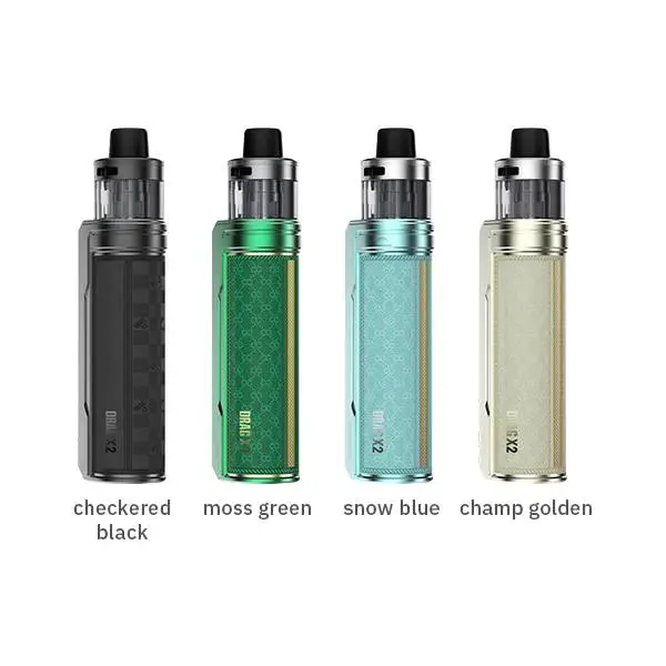 VooPoo Drag X2 Pod Kit in vier Farben: Checkered Black, Moss Green, Snow Blue und Champ Golden im Vergleich