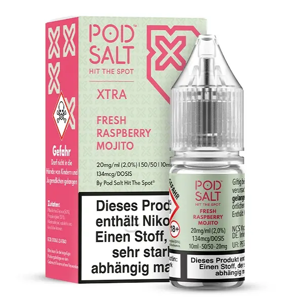 PodSalt Xtra Fresh Raspberry Mojito 10ml – Flakon mit Verpackungsschachtel, Frontansicht