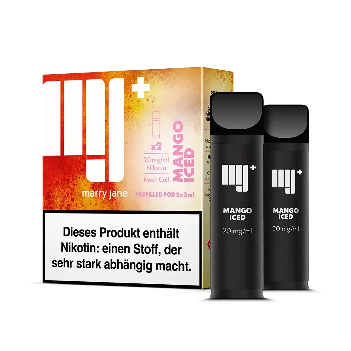 Marry Jane Prefilled Pod Mango Iced – Verpackung mit 2 schwarzen Pods, orange-roter Farbverlauf