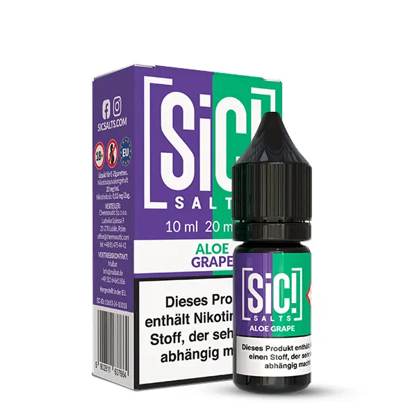 SiC! Salts Aloe Grape 10ml Nikotinsalz-Liquid – Flasche und Verpackungsbox, lila-grünes Design, Frontansicht