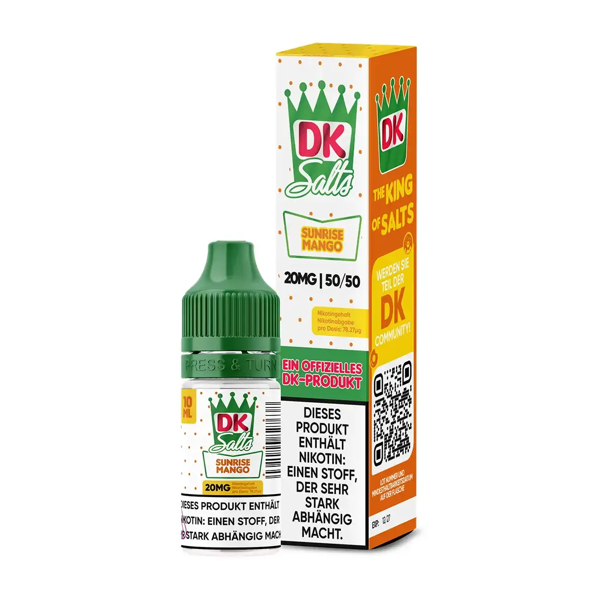 DK Salze Sunrise Mango 10ml Nikotinsalz-Liquid – 20mg/50 Variante mit gelbem Etikett, Seitenansicht