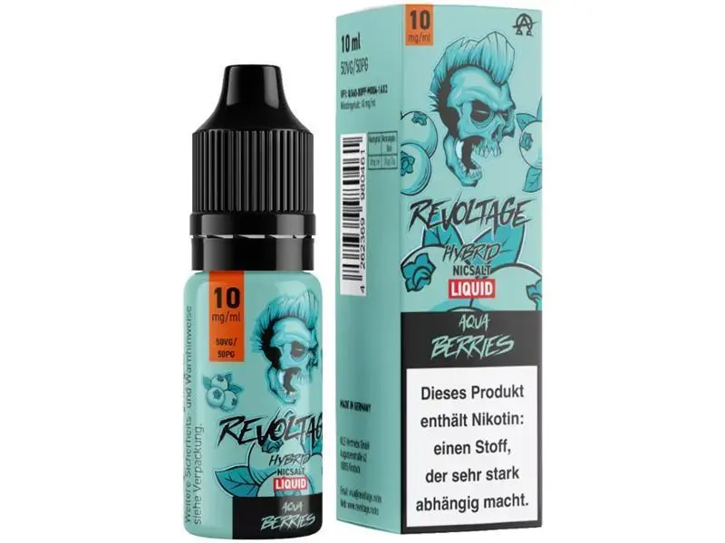 Revoltage Aqua Berries Hybrid-Nikotinsalz-Liquid 10ml Flasche und Verpackung in türkis-blau