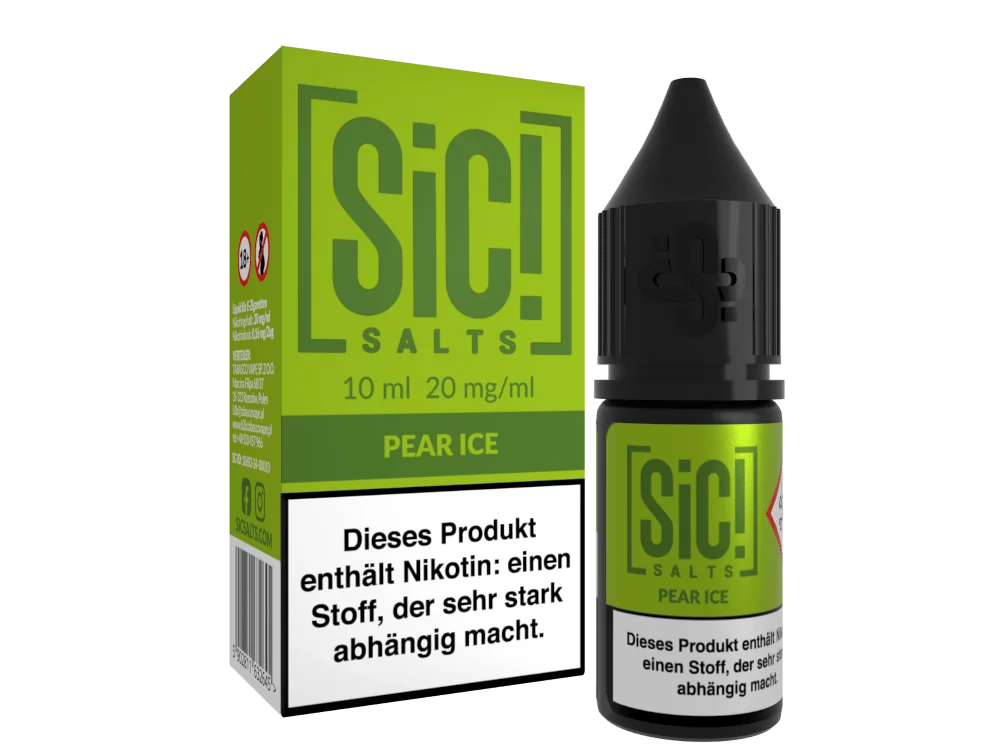 SiC! Salts Pear Ice 10ml Nikotinsalz-Liquid in grüner Flasche, Frontansicht mit Warnhinweis
