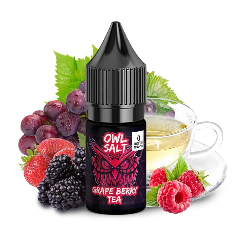 OWL Grape Berry Tea Nikotinsalz-Liquid 10ml dunkle Flasche mit Trauben, Beeren und Tasse, Vorderseite