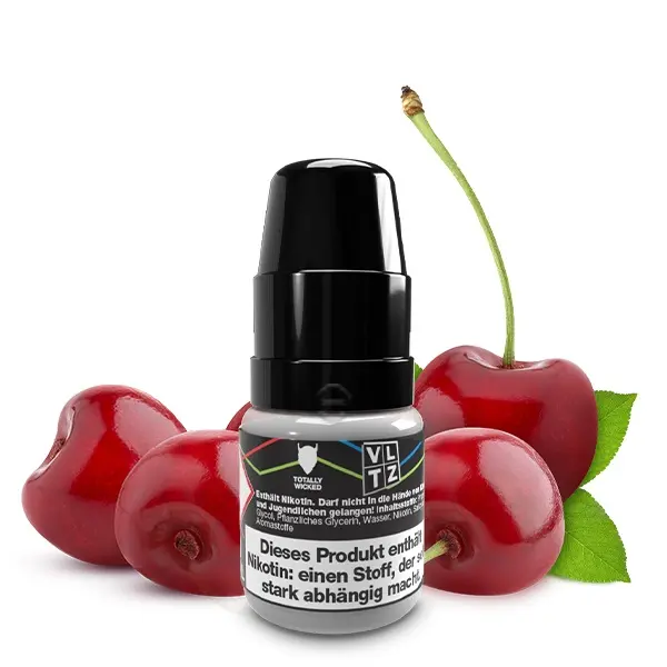 source944964.jpg VLTZ Kirsche Nikotinsalz-Liquid 10ml – schwarze Flasche mit roten Kirschen im Hintergrund