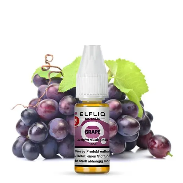 source299026.jpg Elfliq Grape 10ml Nikotinsalz-Liquid von Elfbar – 10-ml-Flasche vor frischen dunklen Weintrauben