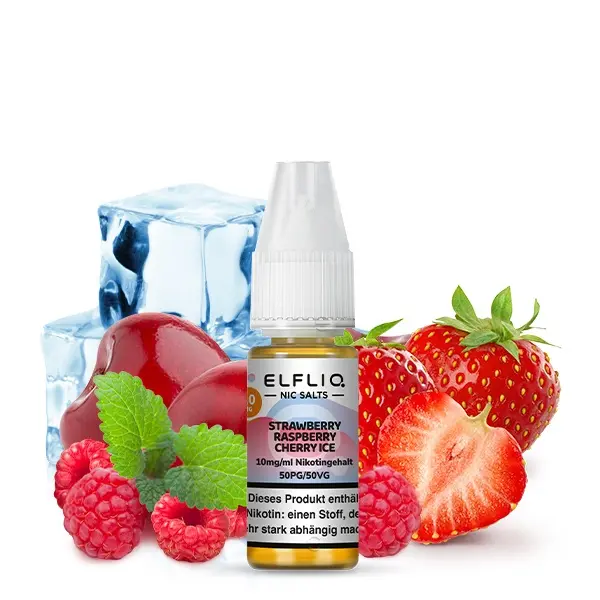 Elfliq Strawberry Raspberry Cherry Ice 10ml Nikotinsalz-Liquid Flasche mit Erdbeeren, Himbeeren, Kirschen und Eiswürfeln
