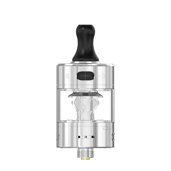 advken-manta-mtl-4UnKKB4d2alDWW.jpg Advken Manta MTL Tank Verdampfer in Silber, Frontansicht mit schwarzem Mundstück und transparentem Tank
