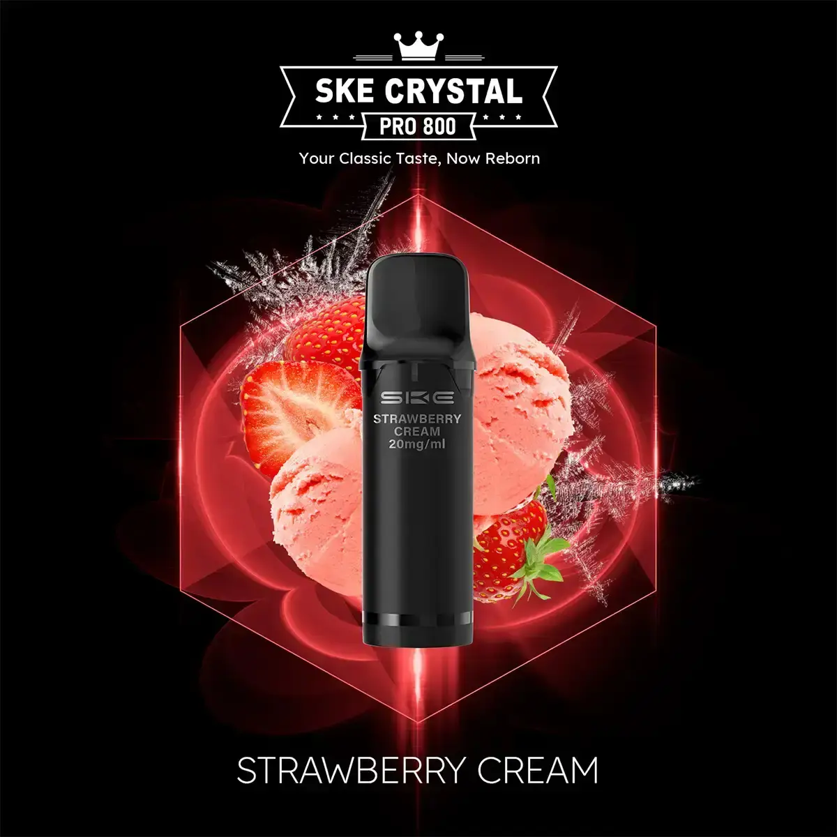 SKE Crystal 800 Pro Prefilled Pod Strawberry Cream – schwarzer Pod vor rotem Erdbeer-Eiscreme-Hintergrund
