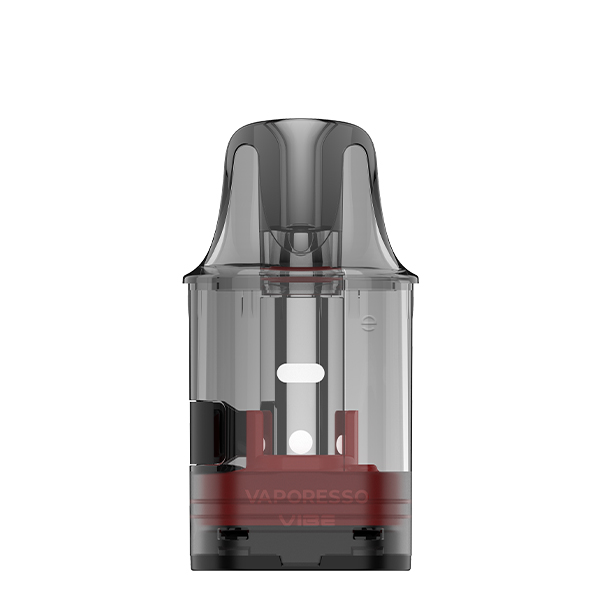 Vaporesso Vibe Dual Mesh Smart Ersatz-Pod, transparentes Gehäuse mit rotem Sockel, Seitenansicht