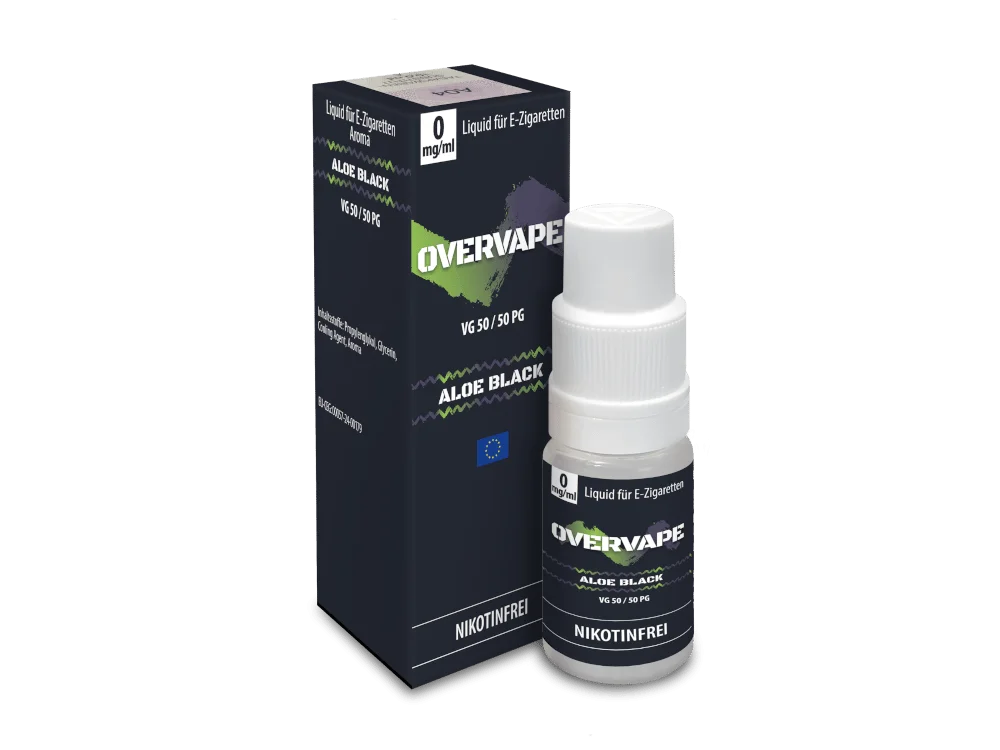 Overvape Aloe Black Nikotinsalz-Liquid 10ml – Frontalansicht der Flasche mit schwarzer Box im Hintergrund